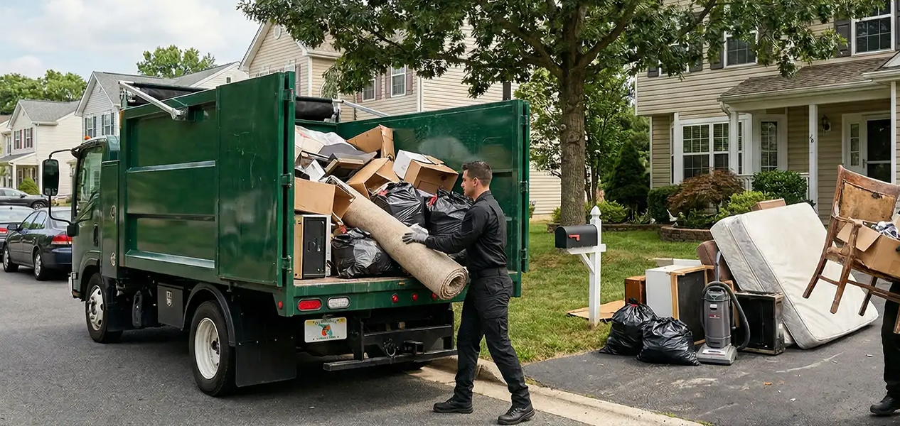 Junk removal team loading furniture into a large truck