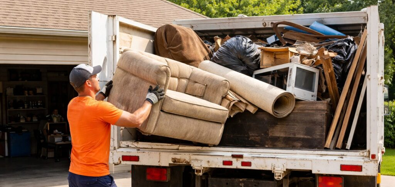 Crew loading furniture into a junk removal truck