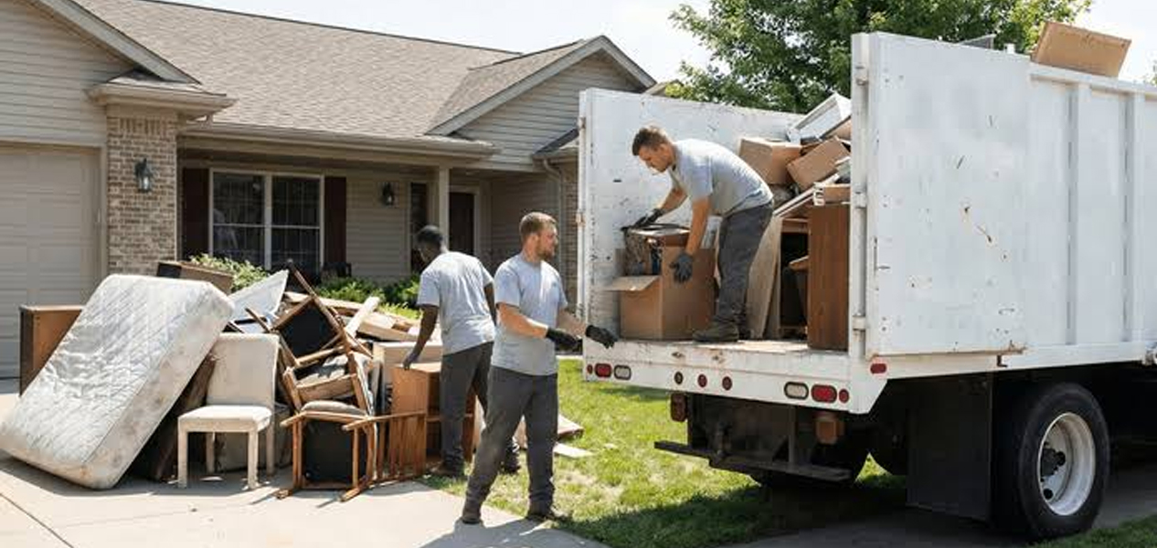 Junk removal team working outside a home