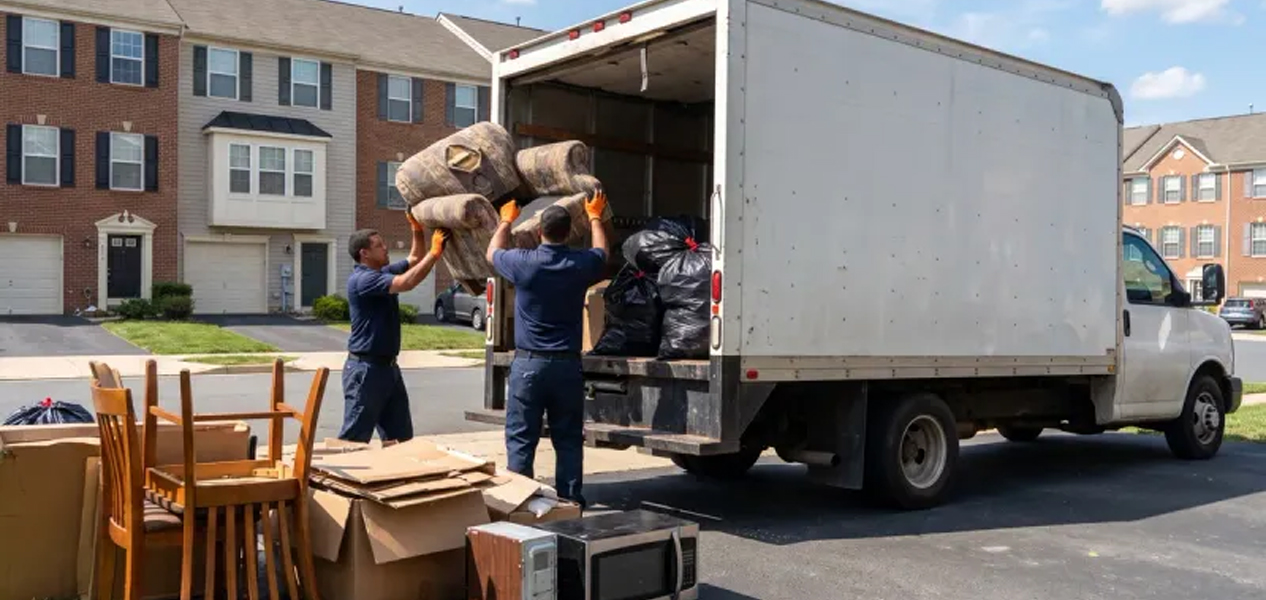 Junk removal workers loading bulky items