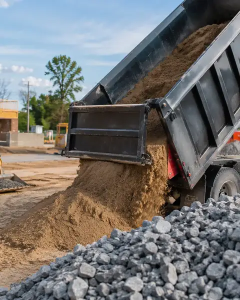 Dump truck tipping sand beside delivered gravel
