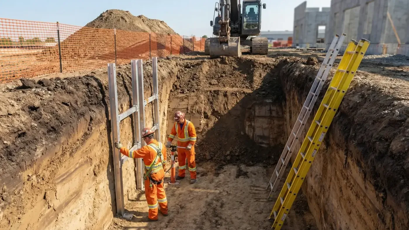 Crew shoring a trench beside an excavator on a job site