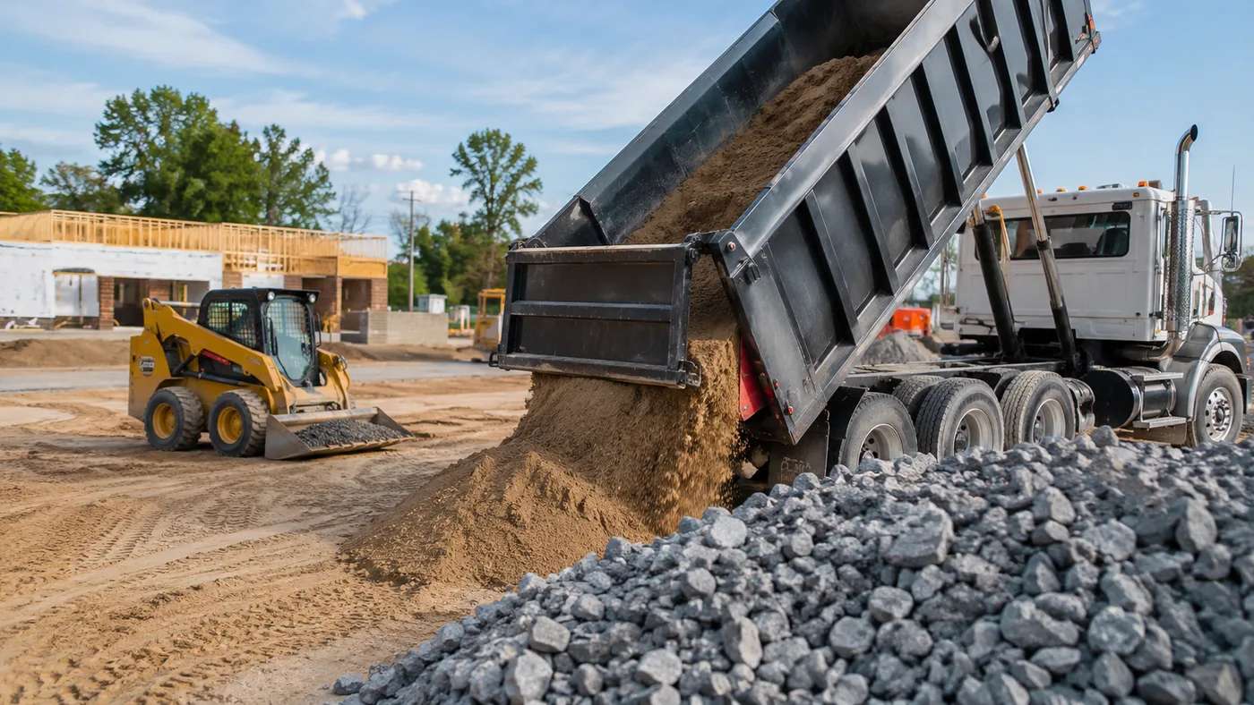 Dump truck tipping sand beside a gravel pile on a job site